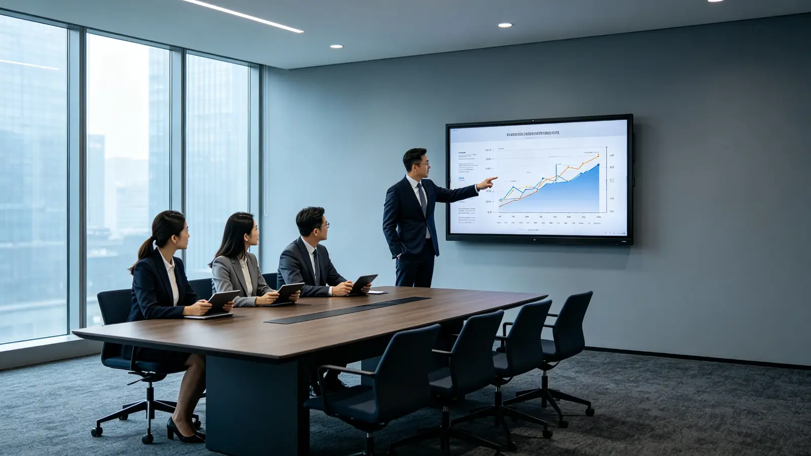 B2B procurement team evaluating a 4K large-format interactive whiteboard for a boardroom or training room