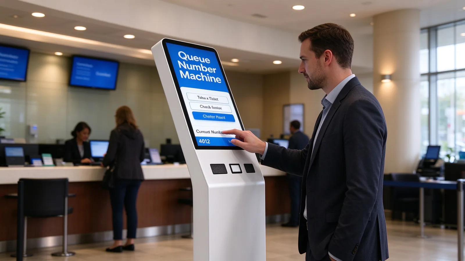 Bank queue management kiosk deployment in a branch lobby, customer taking a queue number