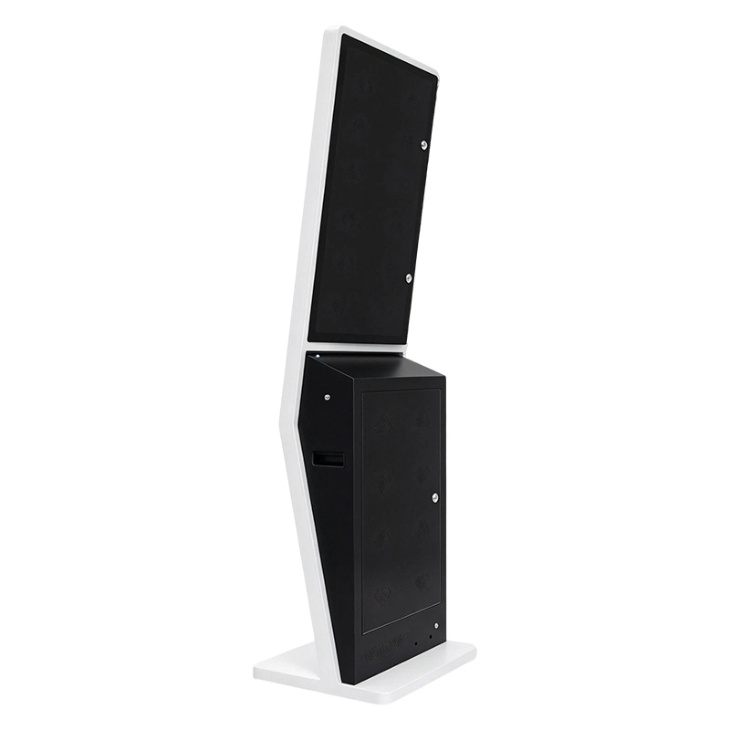 Floor standing self ordering kiosk rear back view, locked maintenance access cabinet, indoor self‑service ordering terminal back side