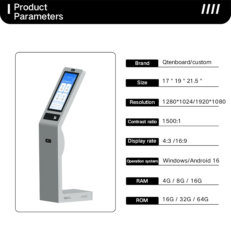 L‑shape floor standing self‑service queue calling kiosk product parameters sheet, 17 19 21.5 inch touch screen visitor check‑in terminal