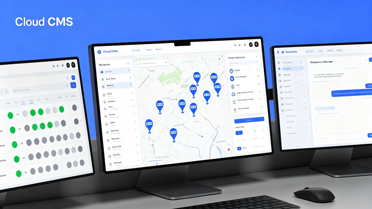 Central CMS dashboard for managing multiple smart bus stop displays, advertising playlists and emergency messages.