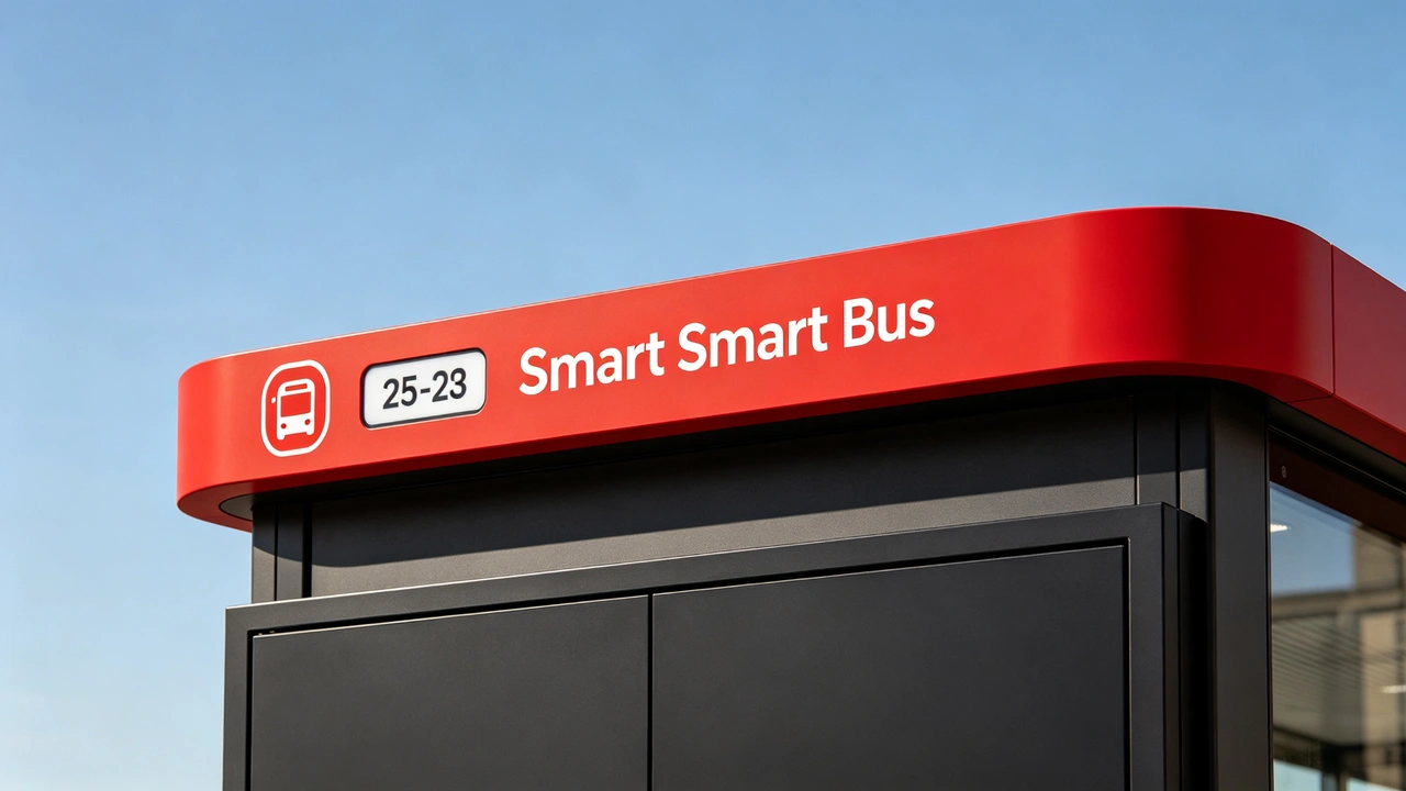 Customizable top signage area on smart bus stop digital signage for route number, city logo and transit operator branding.