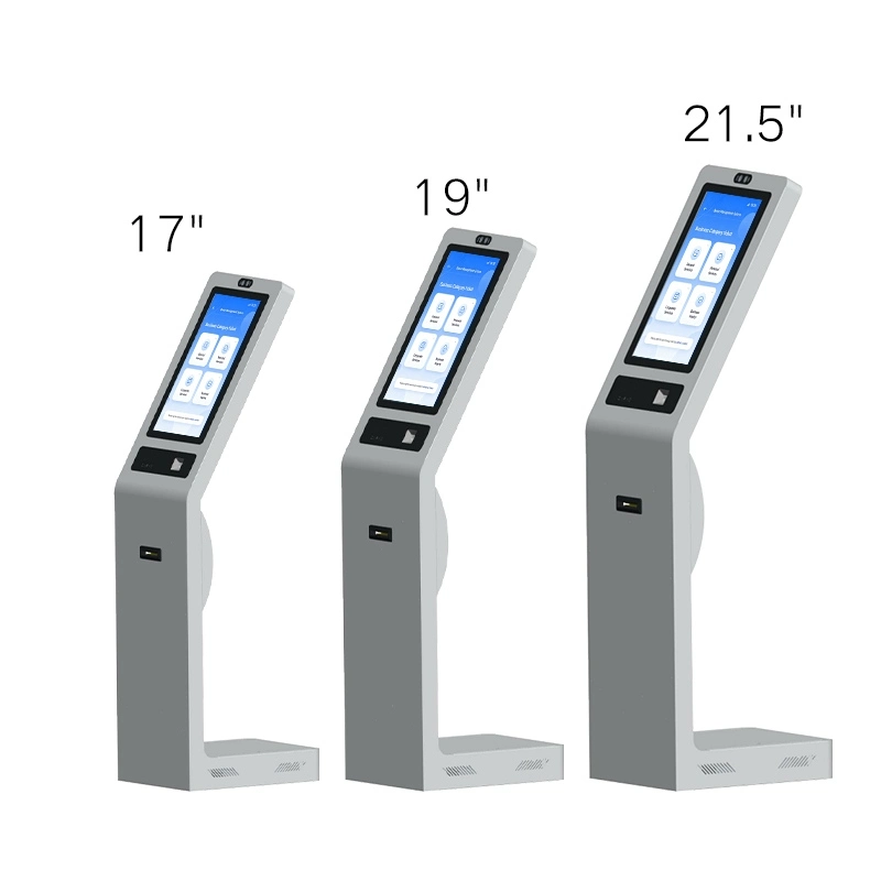 L‑shape floor standing queue kiosk size comparison, 17 inch,19 inch,21.5 inch self‑service touch terminal for hospital bank queuing system