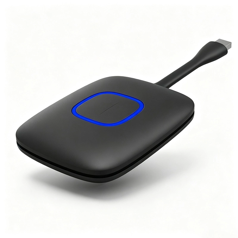 Qtenboard wireless screen cast dongle black with blue indicator light, one-click screen mirroring adapter for interactive whiteboard