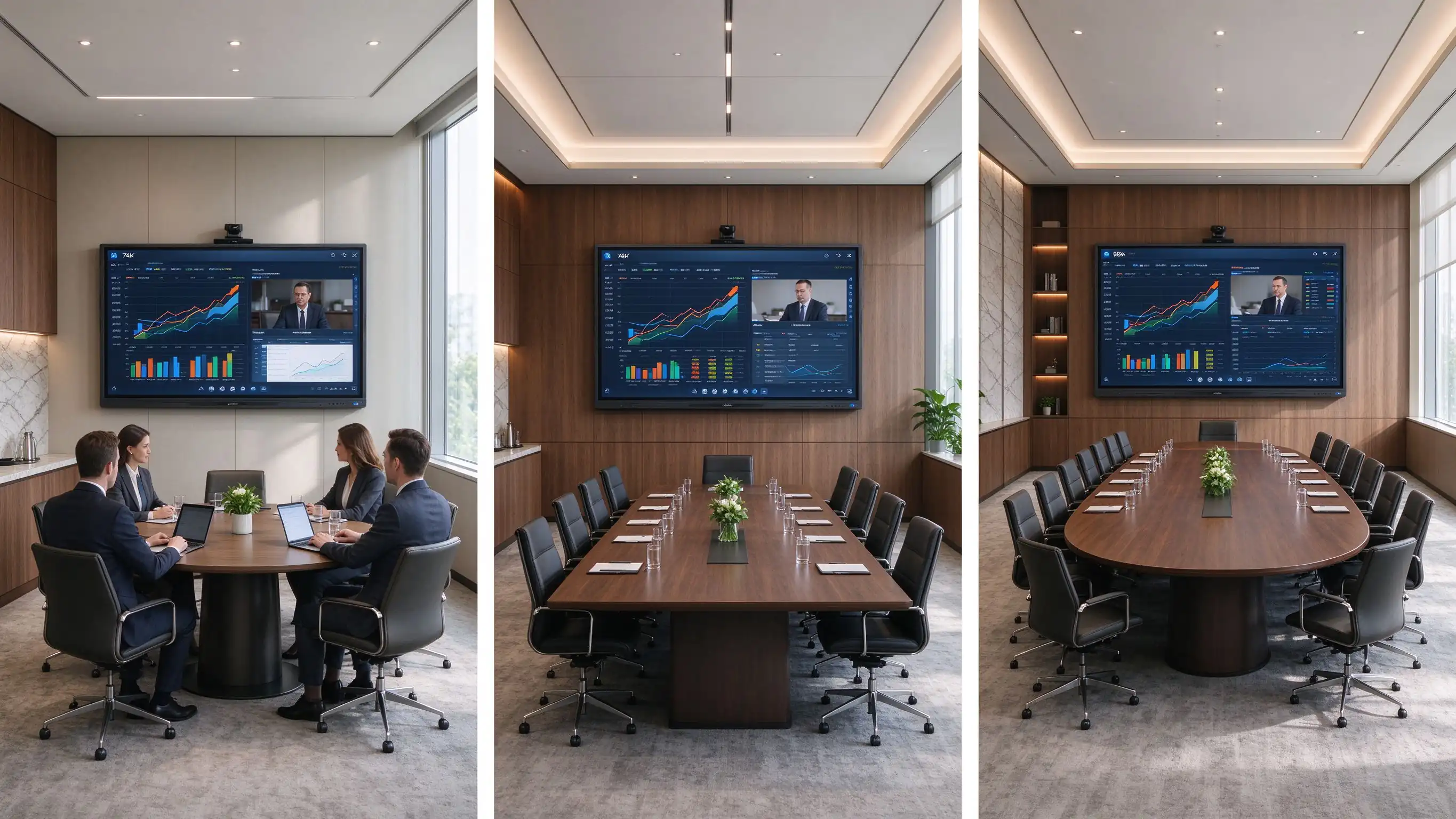Different boardroom touch display configurations, including an executive meeting room with a 75-inch display, a standard boardroom with an 86-inch display, and a large strategy suite with a 98-inch display.