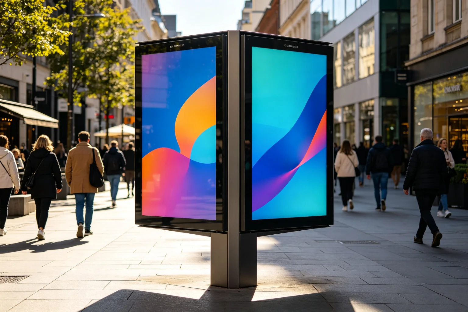 Double-sided outdoor digital signage totem for commercial streets and transit hubs