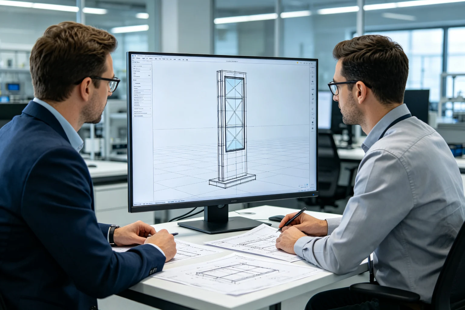 Engineers reviewing 3D structure design for a custom outdoor digital signage totem