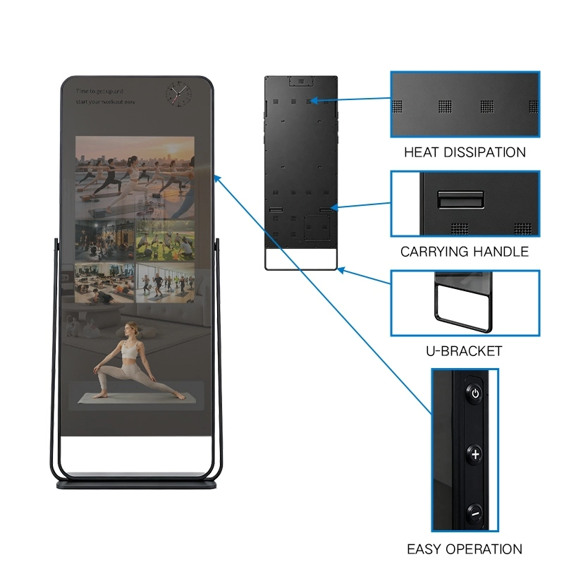 Qtenboard smart fitness mirror, structural breakdown showing heat dissipation, carrying handle, U‑bracket and side buttons, floor‑standing interactive home workout mirror