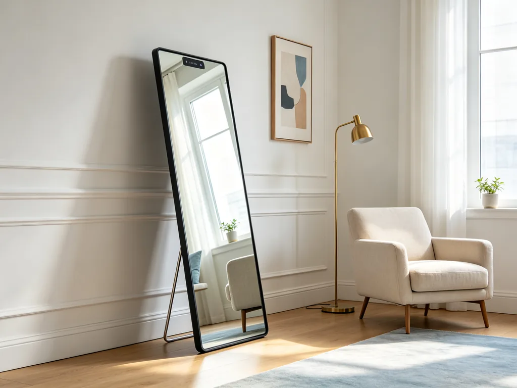 Qtenboard smart fitness mirror lean on mount in a home interior