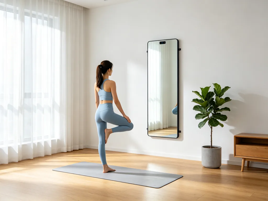 Qtenboard smart fitness mirror wall mount installation in a yoga home scene