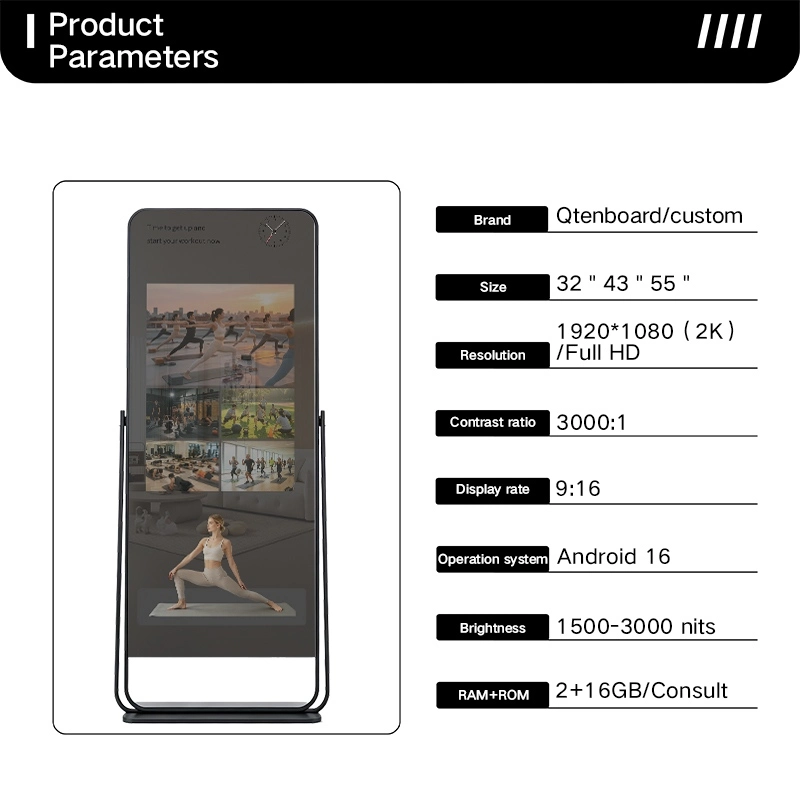 Smart fitness mirror product parameters, 32/43/55 inch floor‑standing Android workout magic mirror specs with 9:16 display ratio