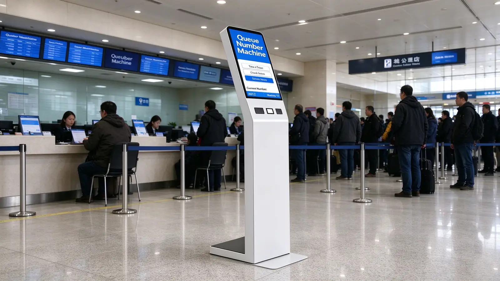 Government service hall queue kiosk with citizens waiting for queue numbers