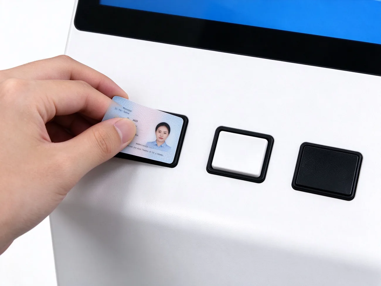 Hand placing ID card on queue kiosk ID card reader pad for identity check-in