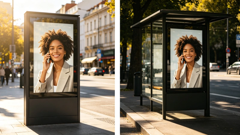 High-brightness outdoor bus stop display readability comparison in direct sunlight and shaded shelter conditions.