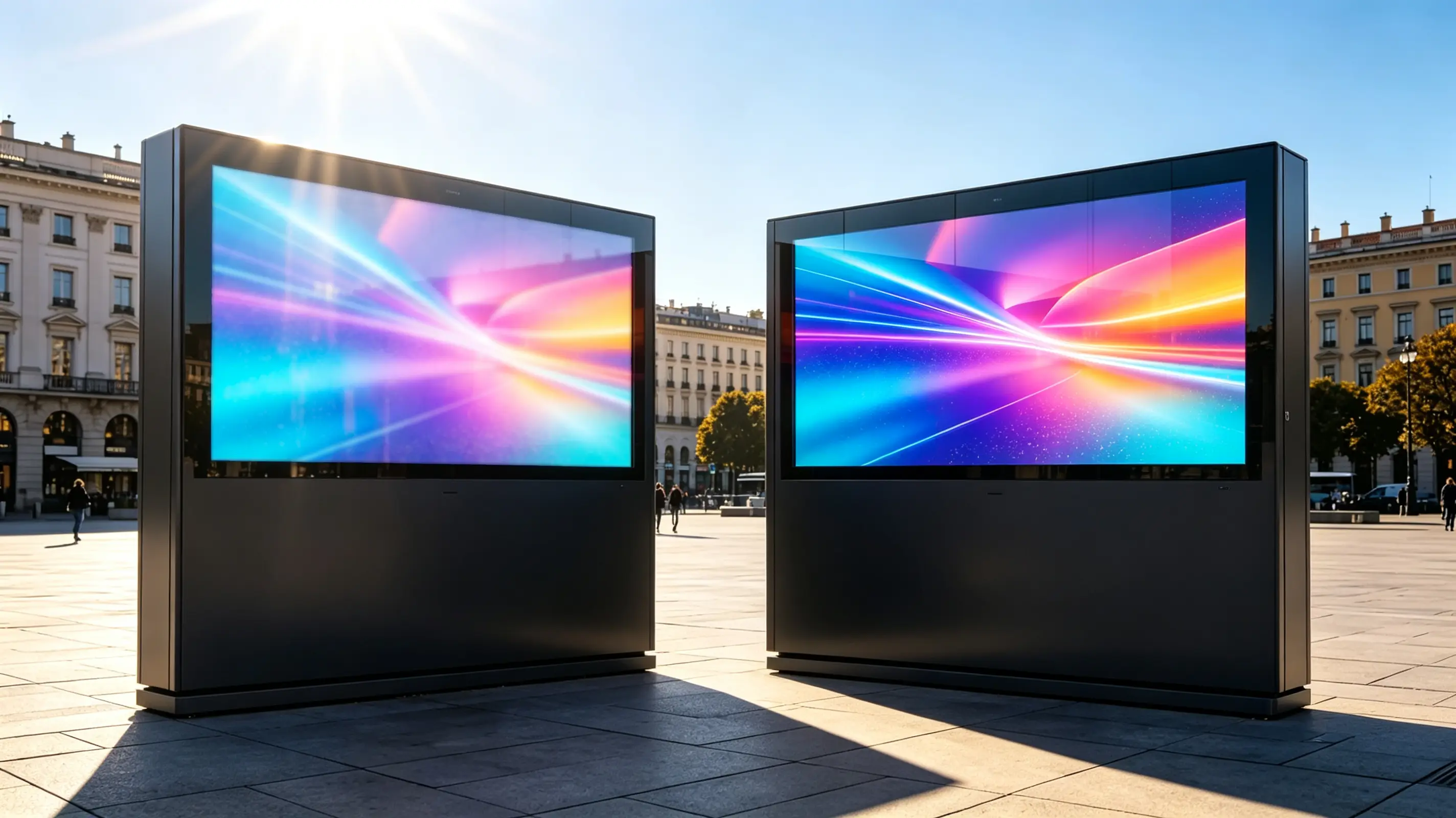 High-brightness outdoor LCD display readability comparison in direct sunlight and shaded areas.