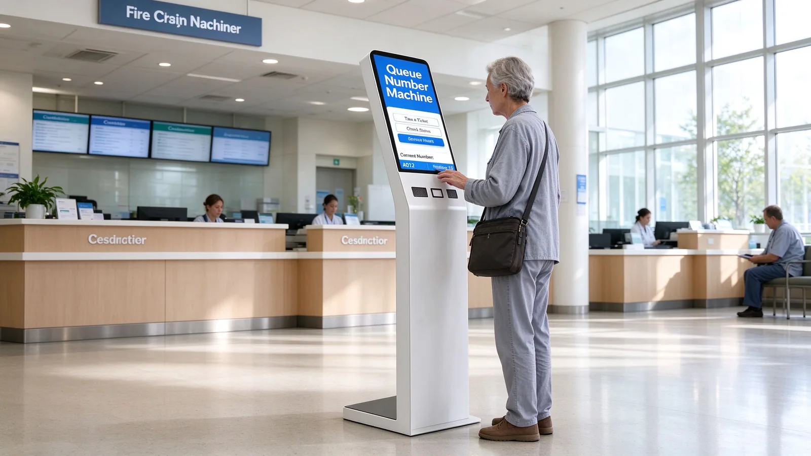 Hospital queue ticketing kiosk deployment in an outpatient hall for patient check-in and registration