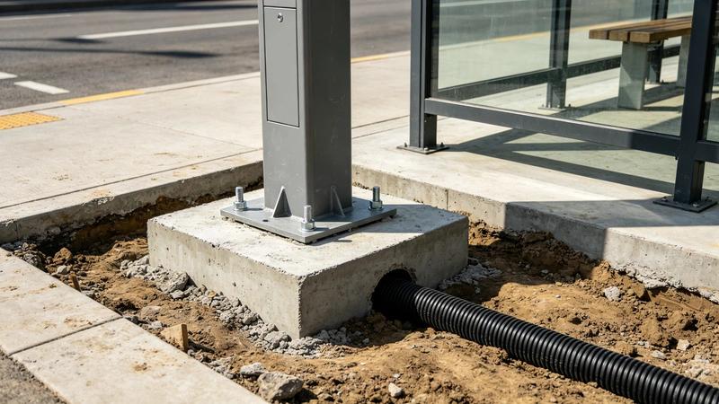 Installation guide showing foundation, anchor bolts, cable routing and bus shelter integration for smart bus stop digital signage.