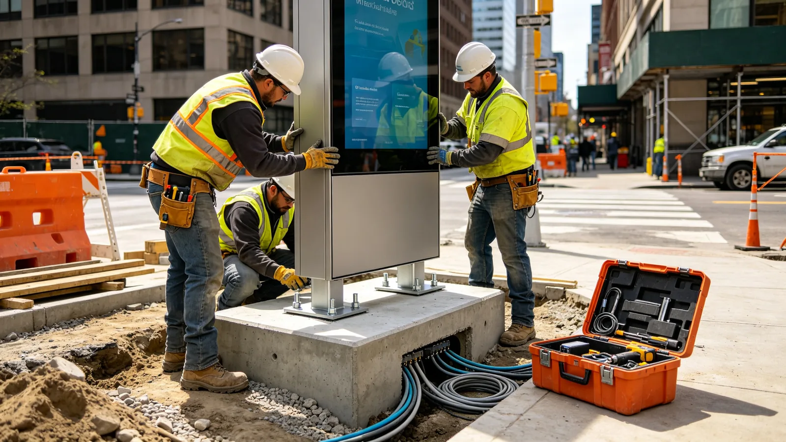 Installation guide showing foundation, anchor bolts, power and network cable routing for outdoor digital signage kiosk.