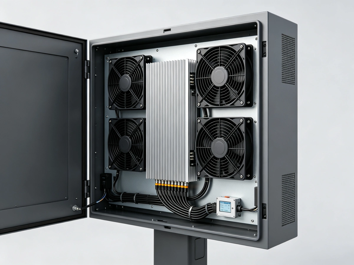 Intelligent thermal management system with cooling fan, air conditioning and heater options for outdoor bus stop display.