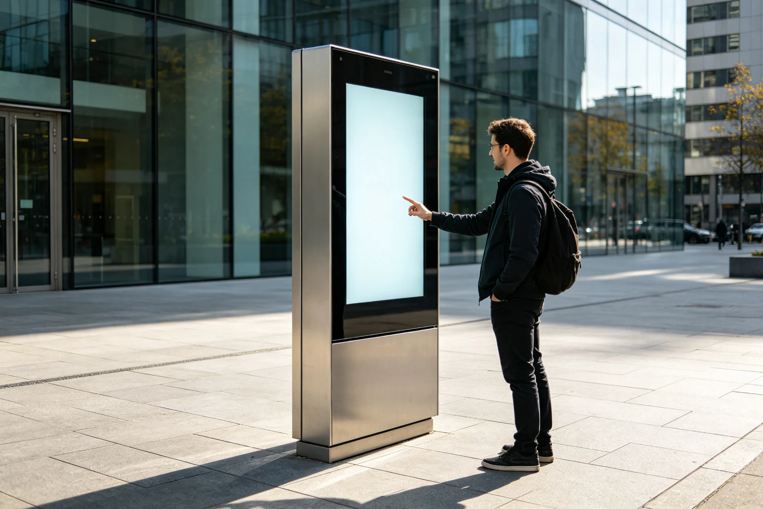 Interactive outdoor digital kiosk with touch screen and QR scanner