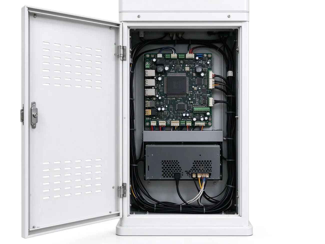 Internal host compartment of queue management kiosk with mainboard and power supply