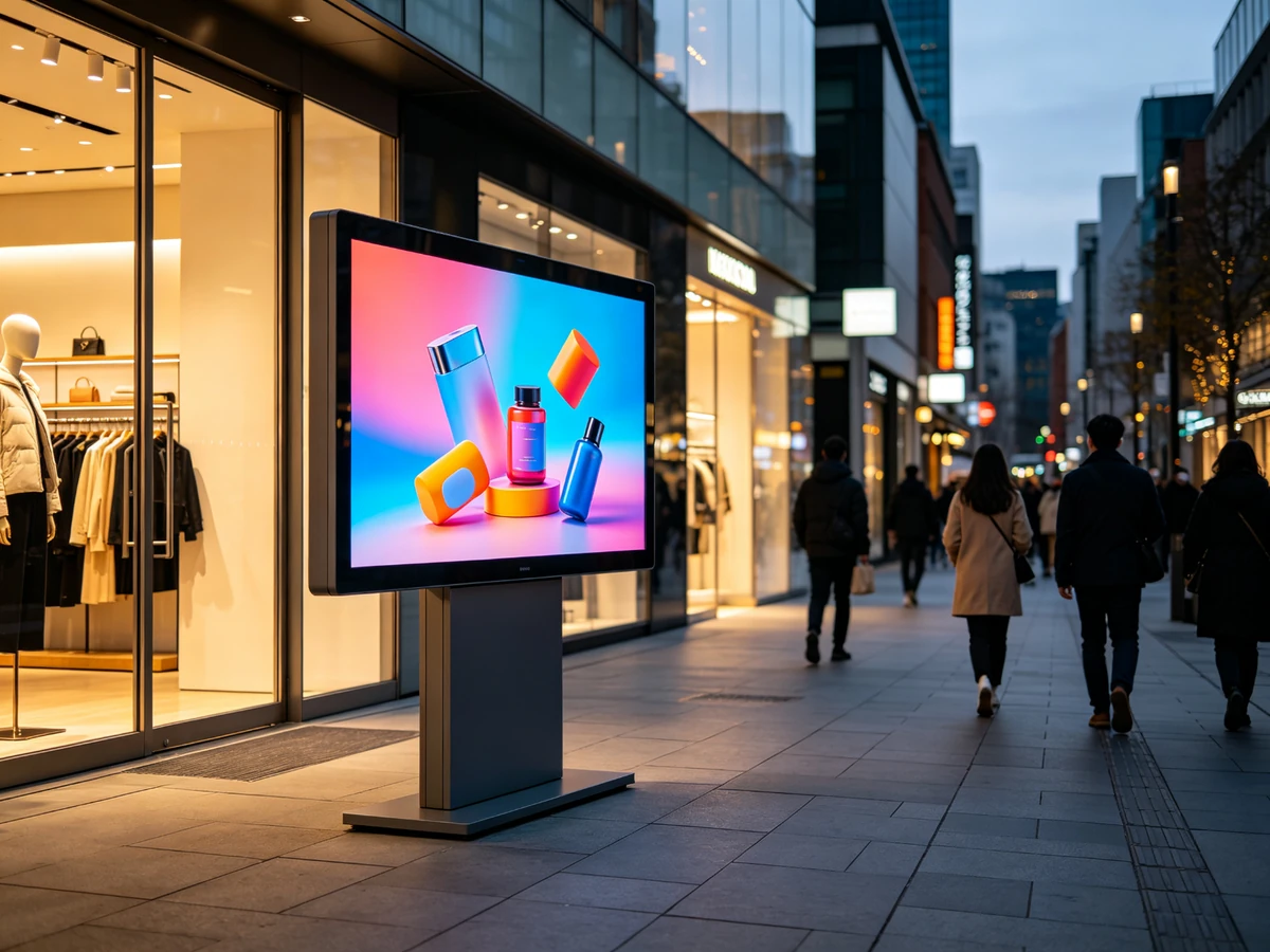 Landscape outdoor digital signage kiosk at retail store entrance displaying promotional video.