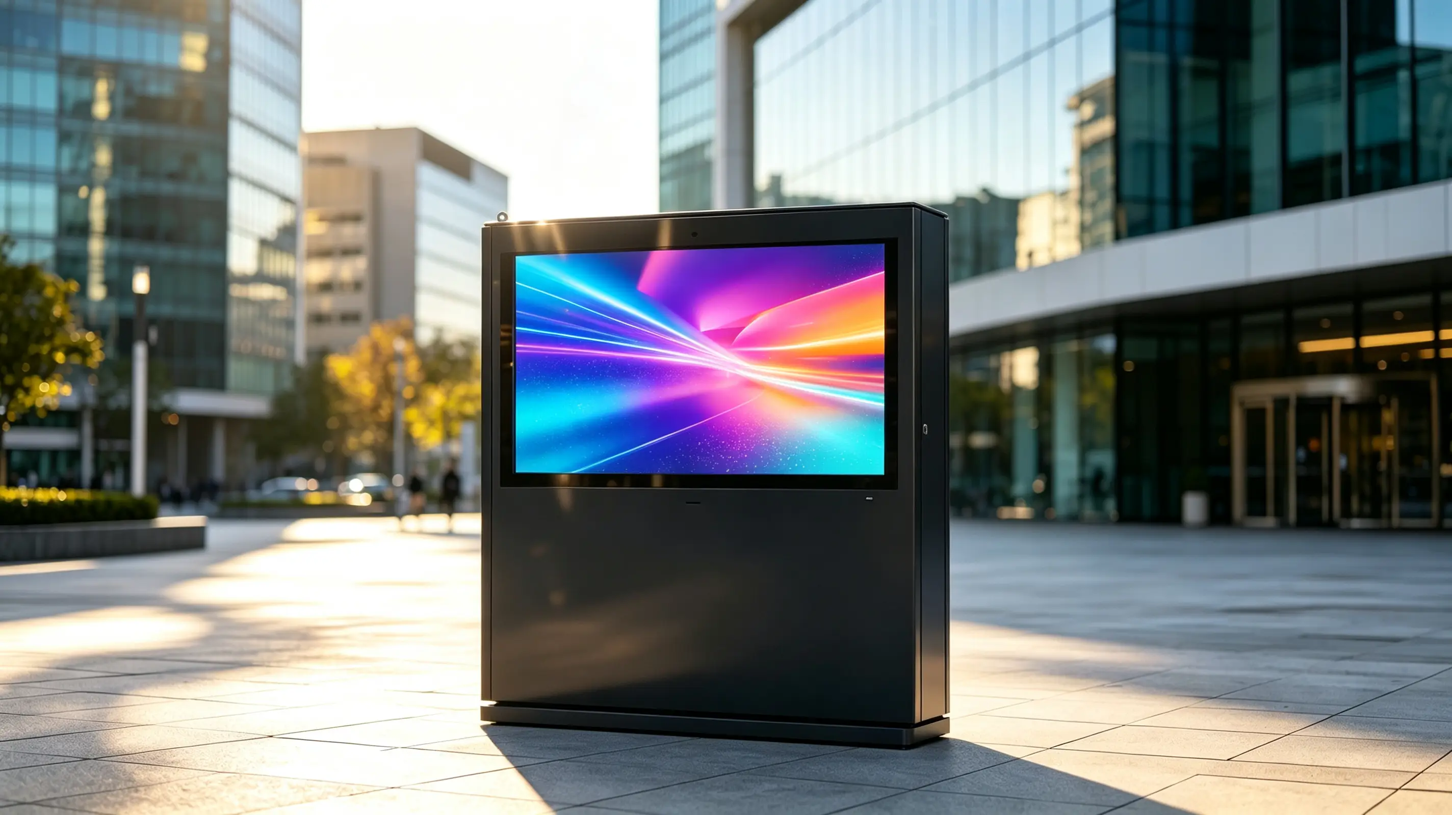 Landscape outdoor digital signage kiosk with high-brightness LCD, Windows 10 interface and floor-standing weatherproof enclosure.