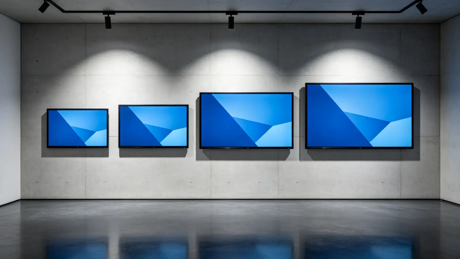 Large-format interactive whiteboard size comparison showing 86, 98, 100, 105, and 110 inch displays