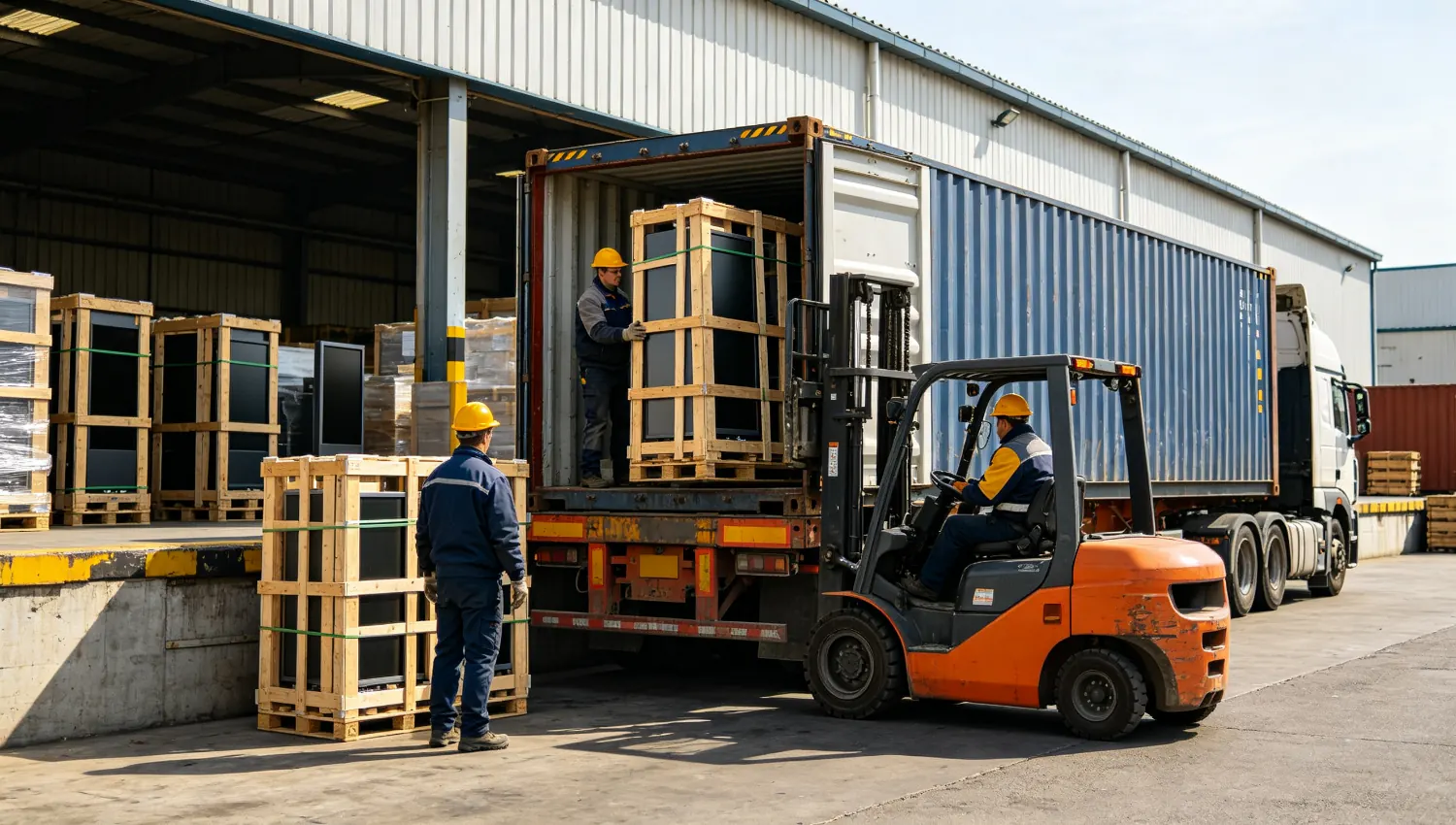 Loading outdoor digital signage totems for global shipping