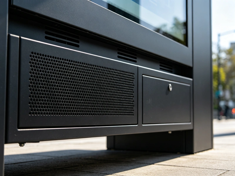 Lower speaker, ventilation and service access area of outdoor smart bus stop digital signage kiosk.