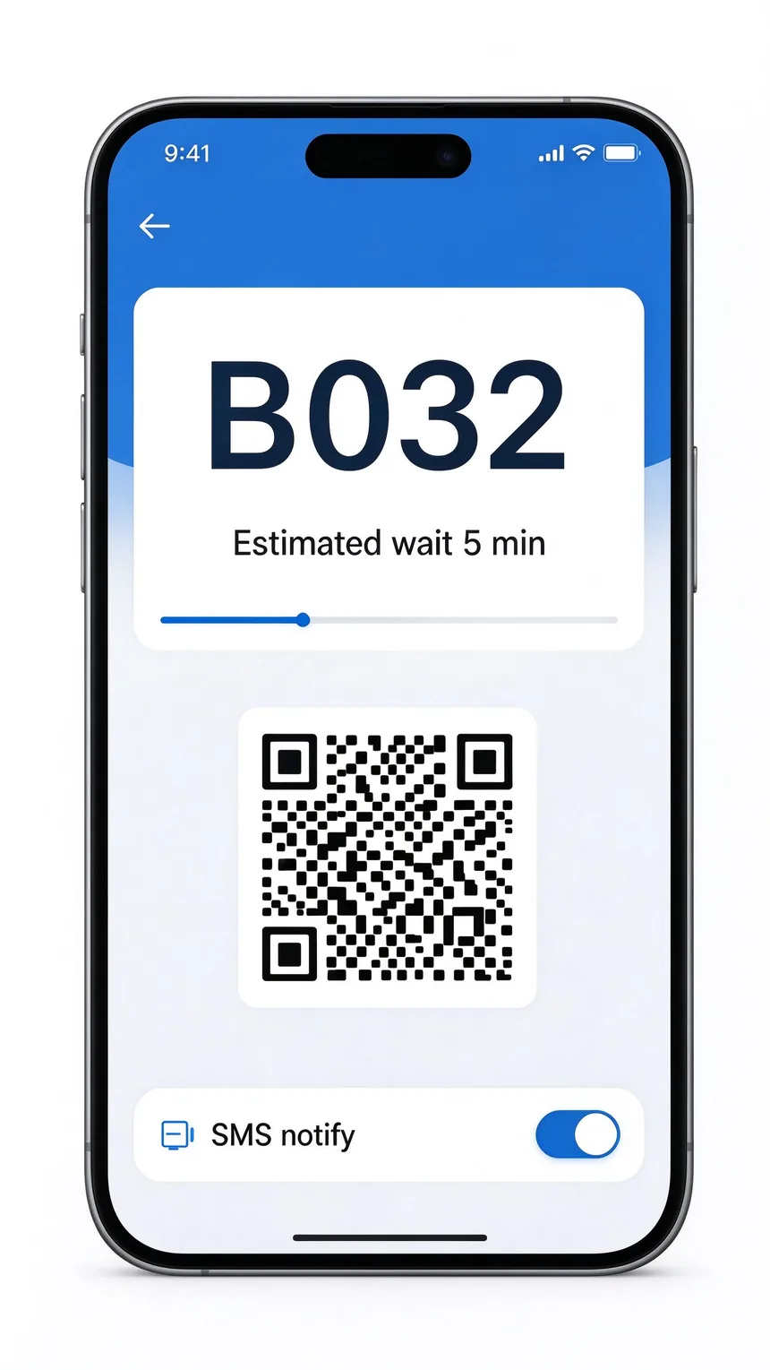 Mobile virtual queue tracking page with queue number, estimated waiting time and SMS notification