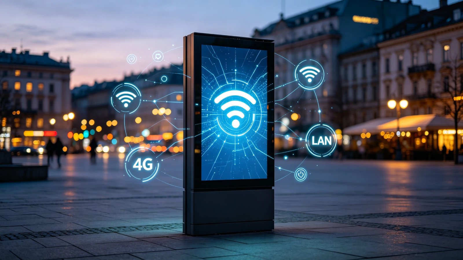Network connectivity options including LAN, Wi-Fi, 4G and 5G for outdoor digital signage kiosk.