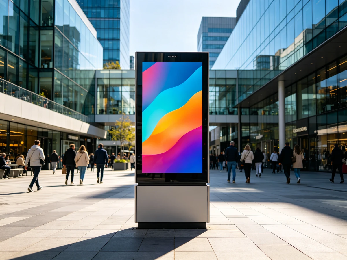 Outdoor advertising network kiosk in commercial plaza showing 16:9 brand video.