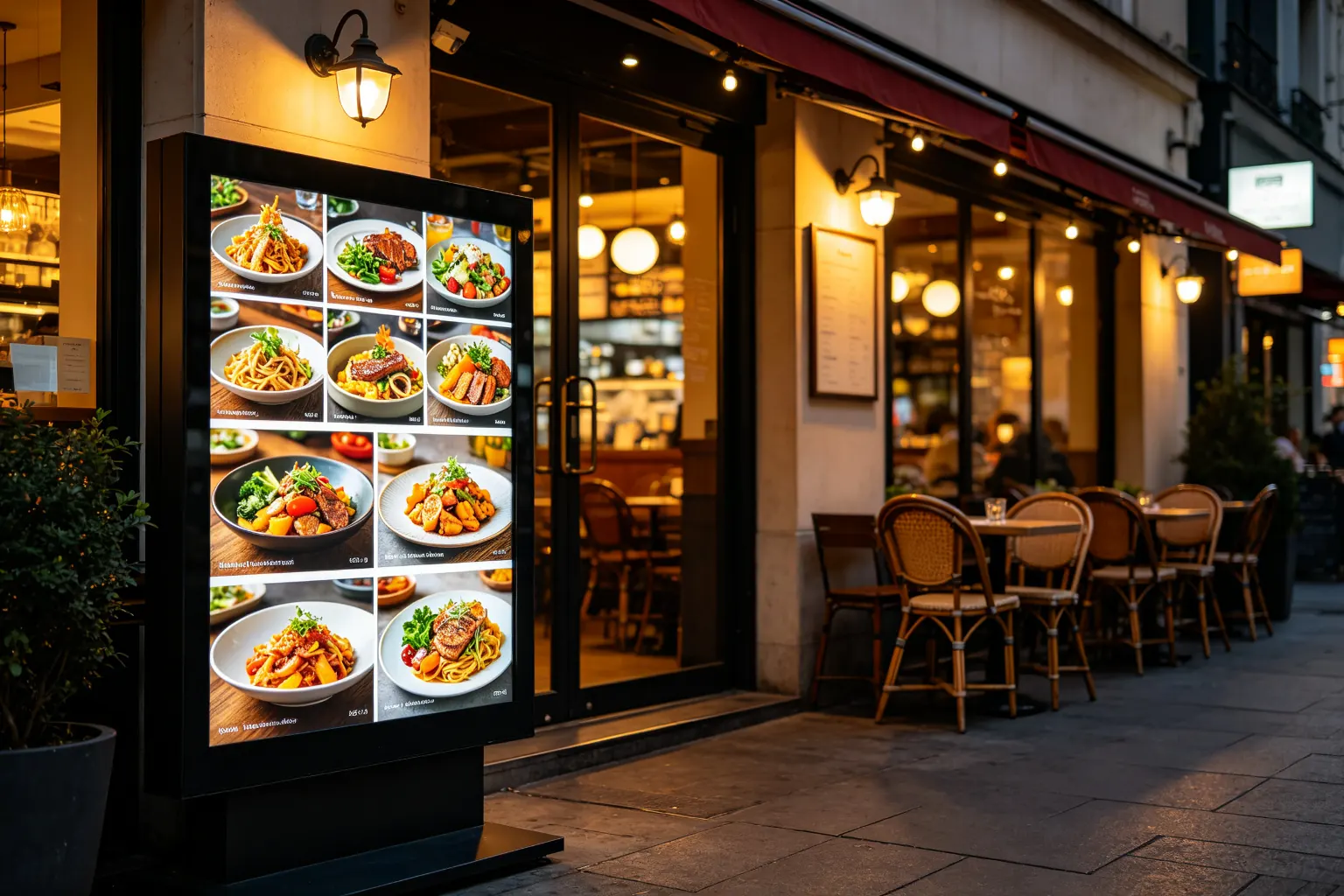Outdoor digital menu board at restaurant entrance