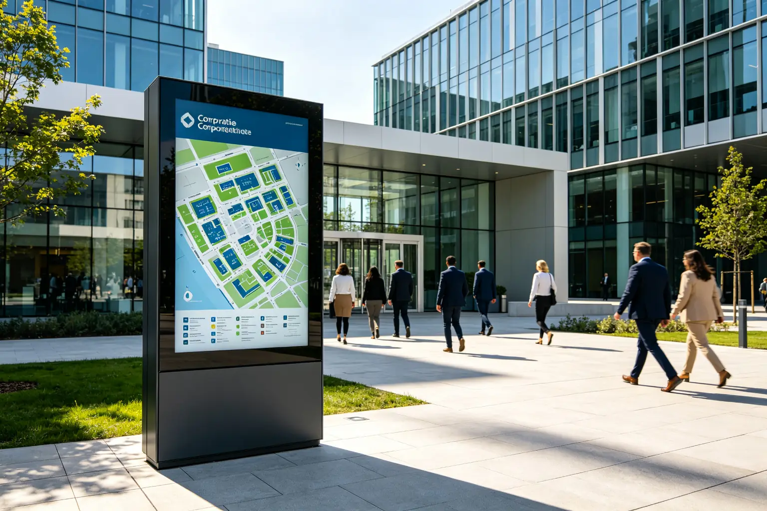 Outdoor digital signage at corporate campus entrance