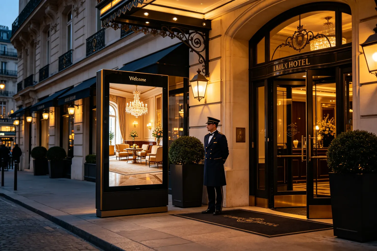 Outdoor digital signage at hotel entrance for welcome messages
