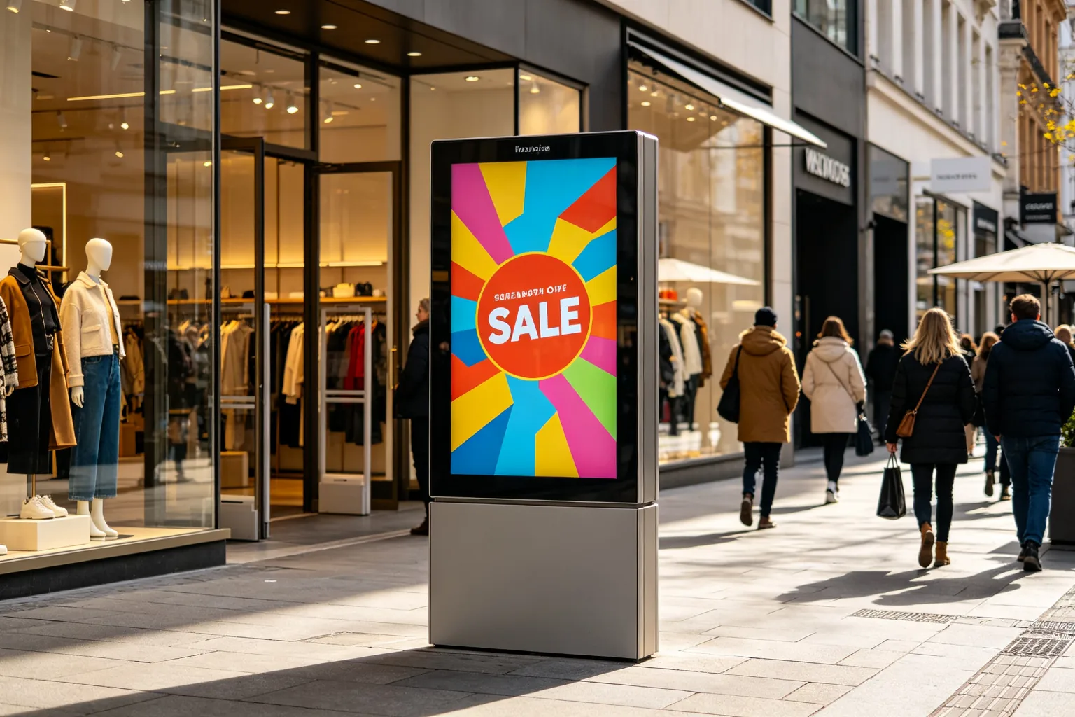 Outdoor digital signage totem at retail store entrance