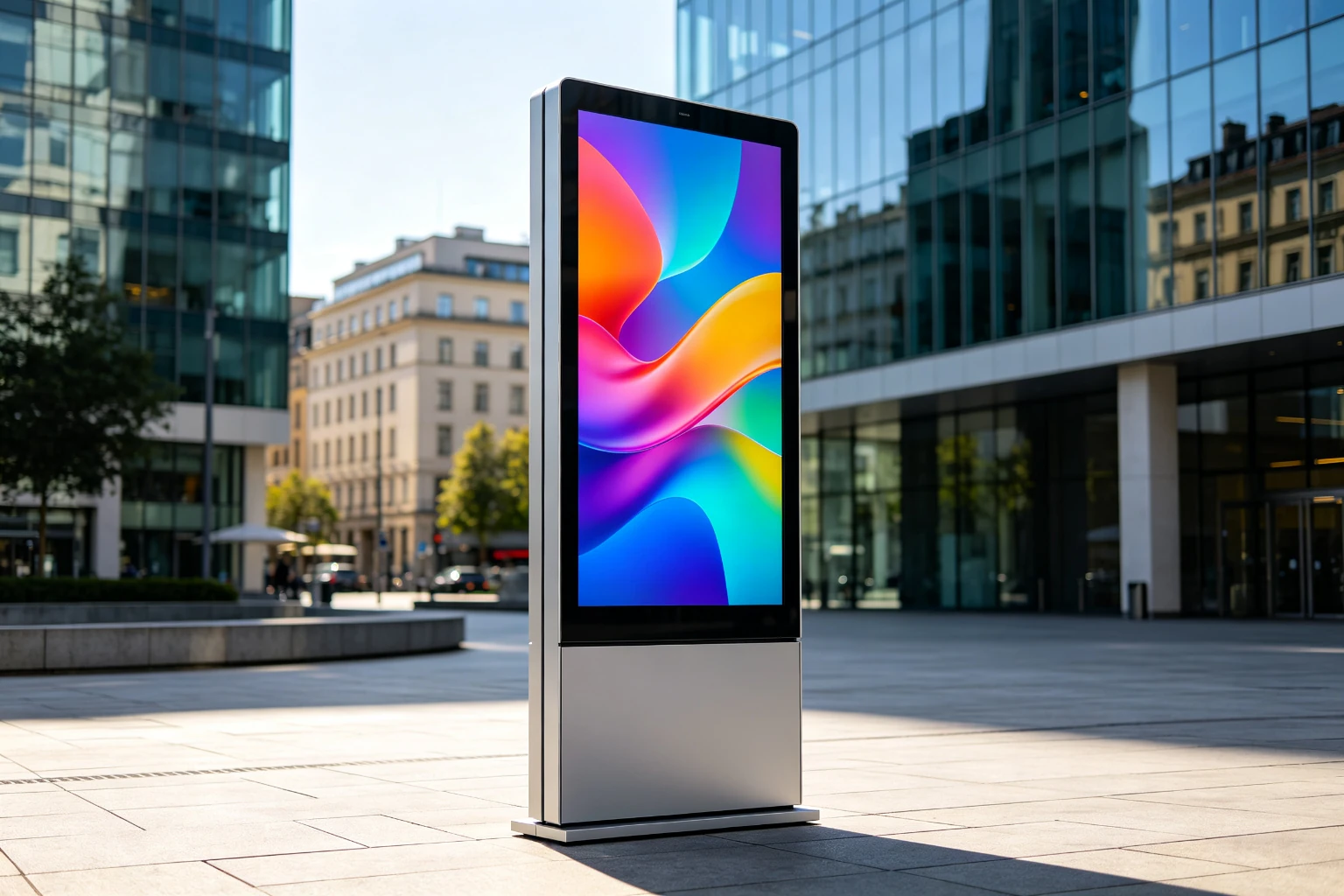 Outdoor floor-standing digital signage totem with high-brightness LCD and weatherproof enclosure