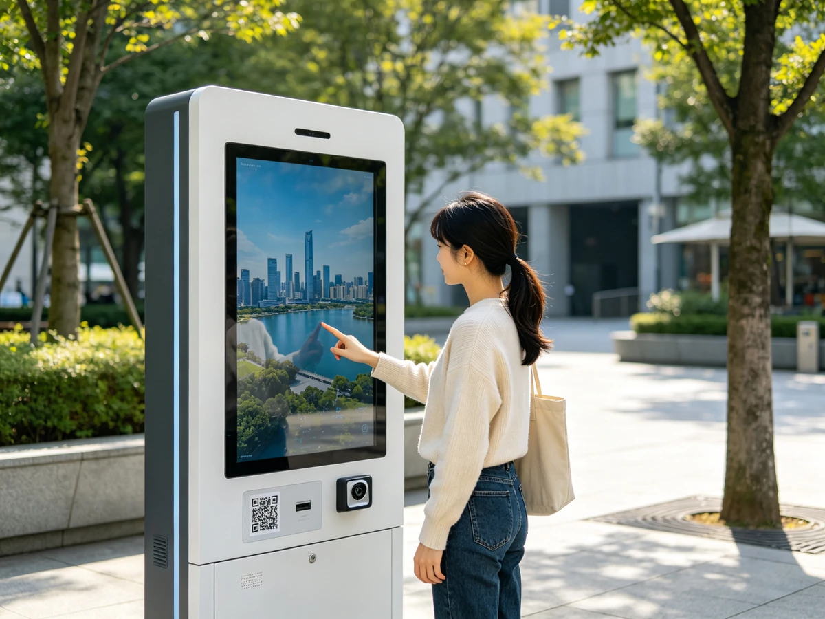 Outdoor interactive touchscreen kiosk with QR scanner and camera integration options.