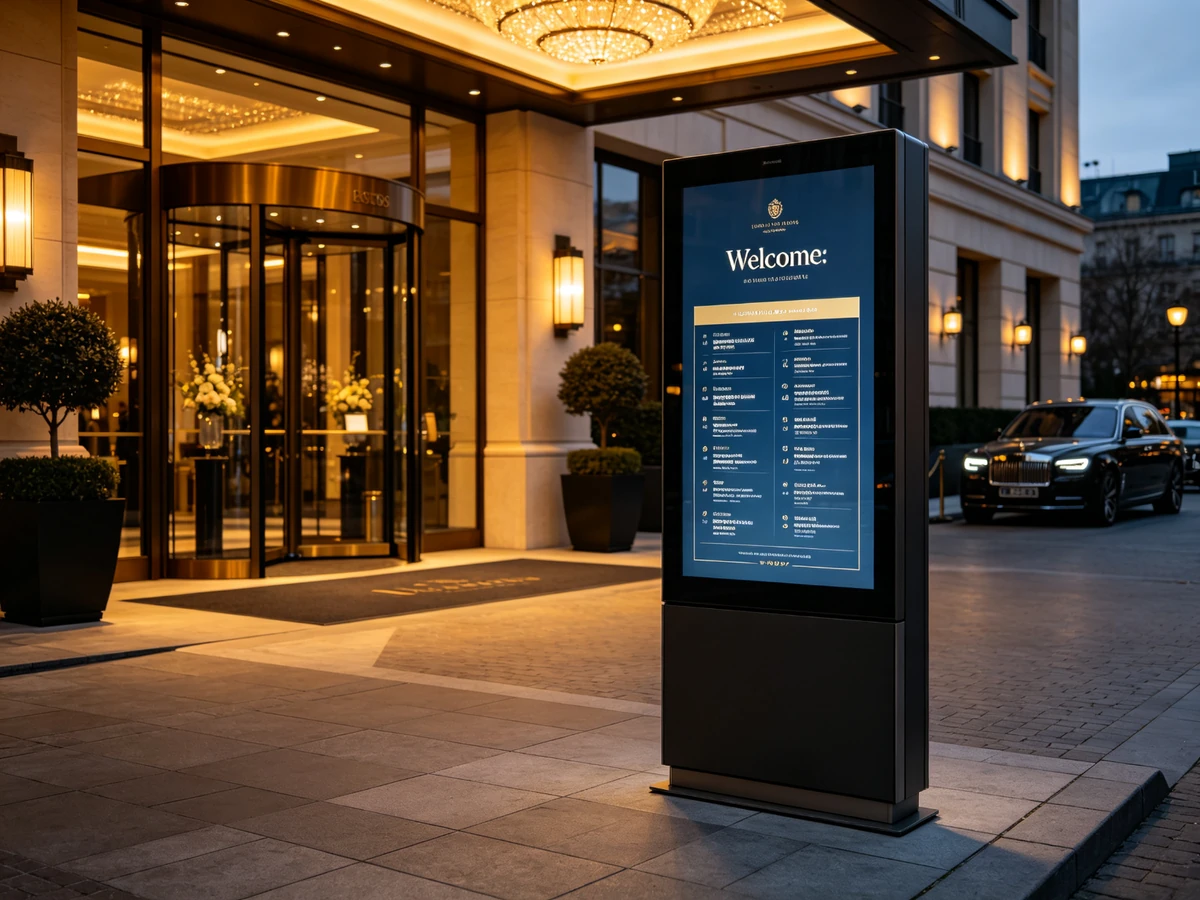 Outdoor landscape digital signage at hotel entrance displaying event schedule and welcome message.