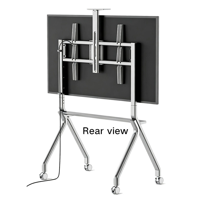 Rear view of Qtenboard height adjustable mobile display cart, silver metal frame for interactive touch screen
