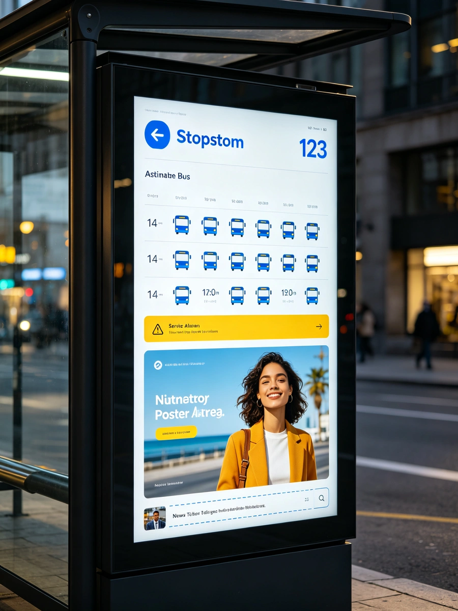 Portrait smart bus stop display layout showing bus route, estimated arrival time, service alert and advertising zones.