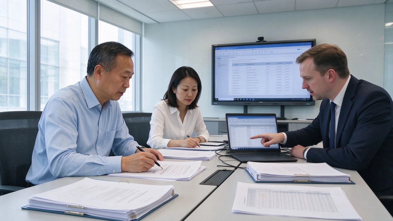 Procurement team reviewing interactive whiteboard tender specification documents, compliance matrix, and supplier evaluation criteria for a government education project.
