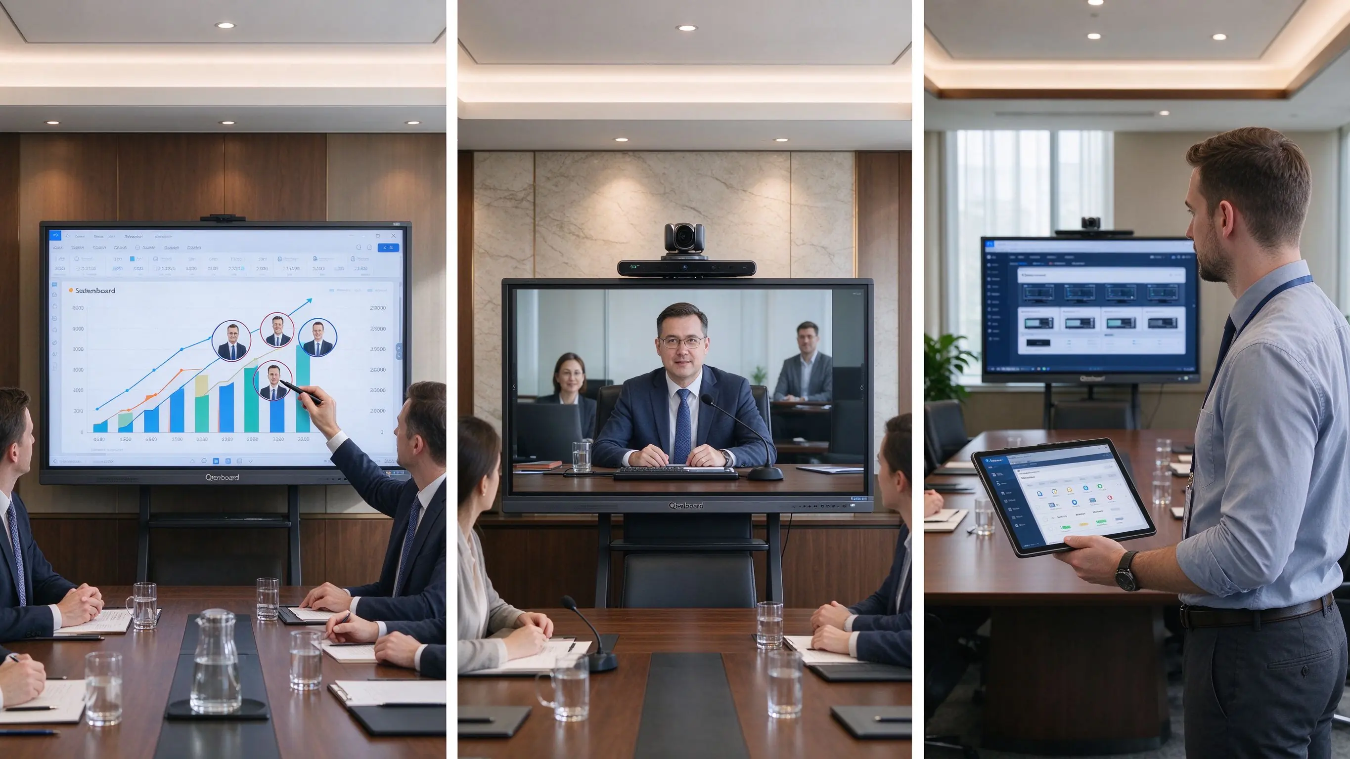 Qtenboard 4K interactive displays in boardroom and executive settings, including financial review, hybrid board meetings, and multi-boardroom deployment with DMS management.