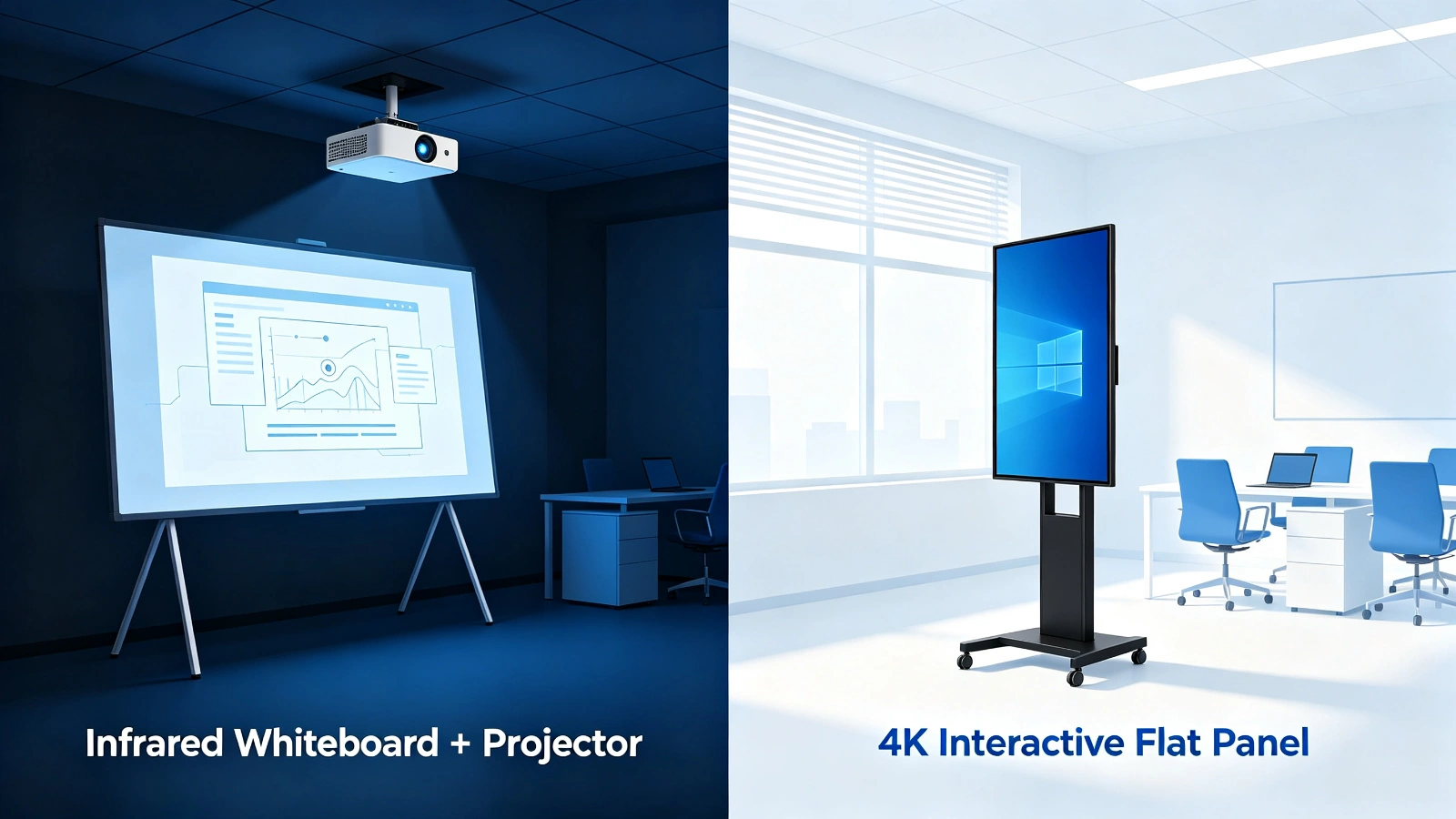 Qtenboard 4K interactive flat panel vs infrared whiteboard with projector comparison