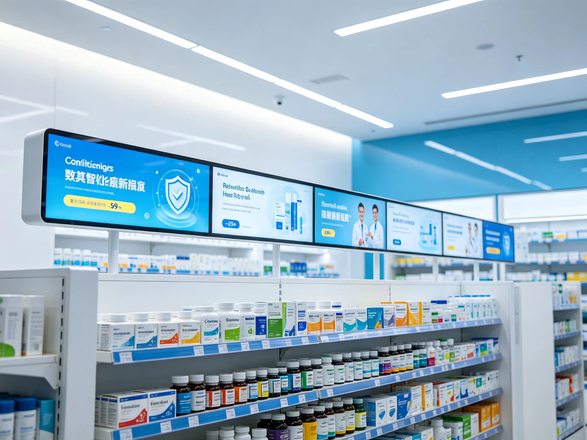 Qtenboard digital shelf display in pharmacy health care store