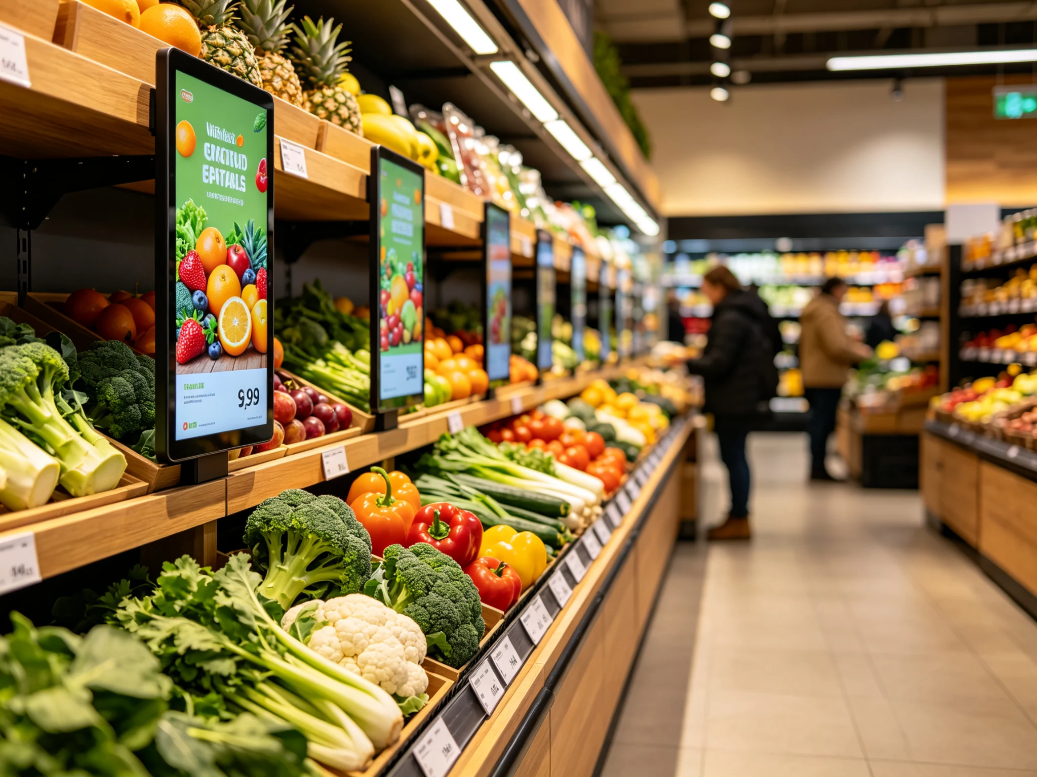 Qtenboard digital shelf strip display in grocery store aisle