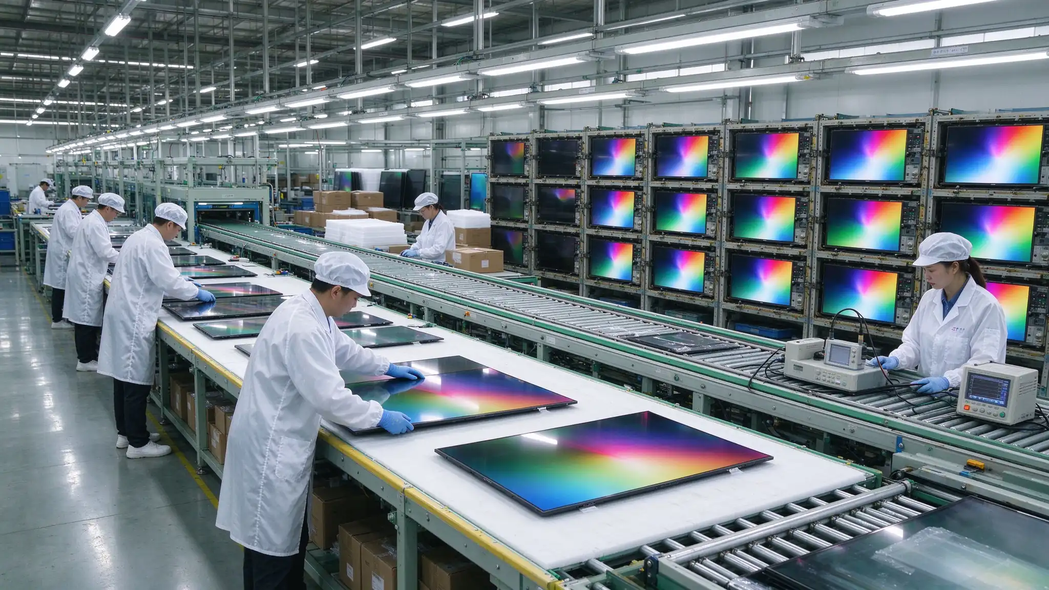Qtenboard factory production line for customizable digital whiteboards, showing assembly, aging test, quality control, and pre-shipment inspection for OEM projects.
