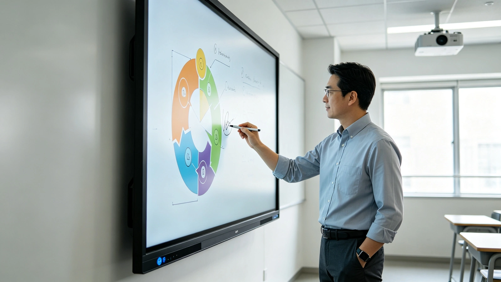 Qtenboard infrared interactive whiteboard with projected classroom display and touch writing