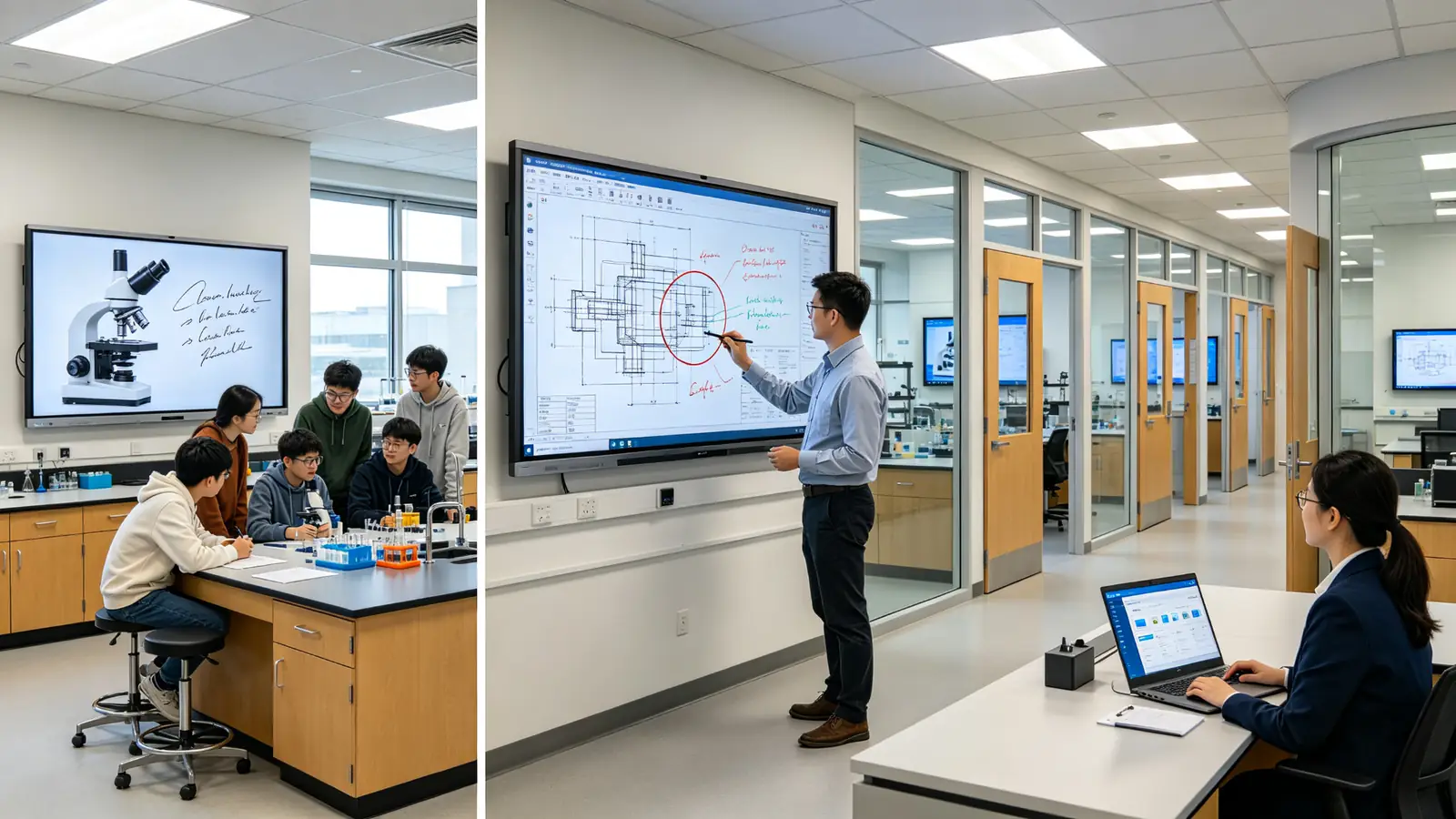Qtenboard 4K interactive displays deployed in university laboratories, including a teaching lab with microscope camera input, an engineering lab with CAD annotation, and a multi-lab campus rollout with DMS management